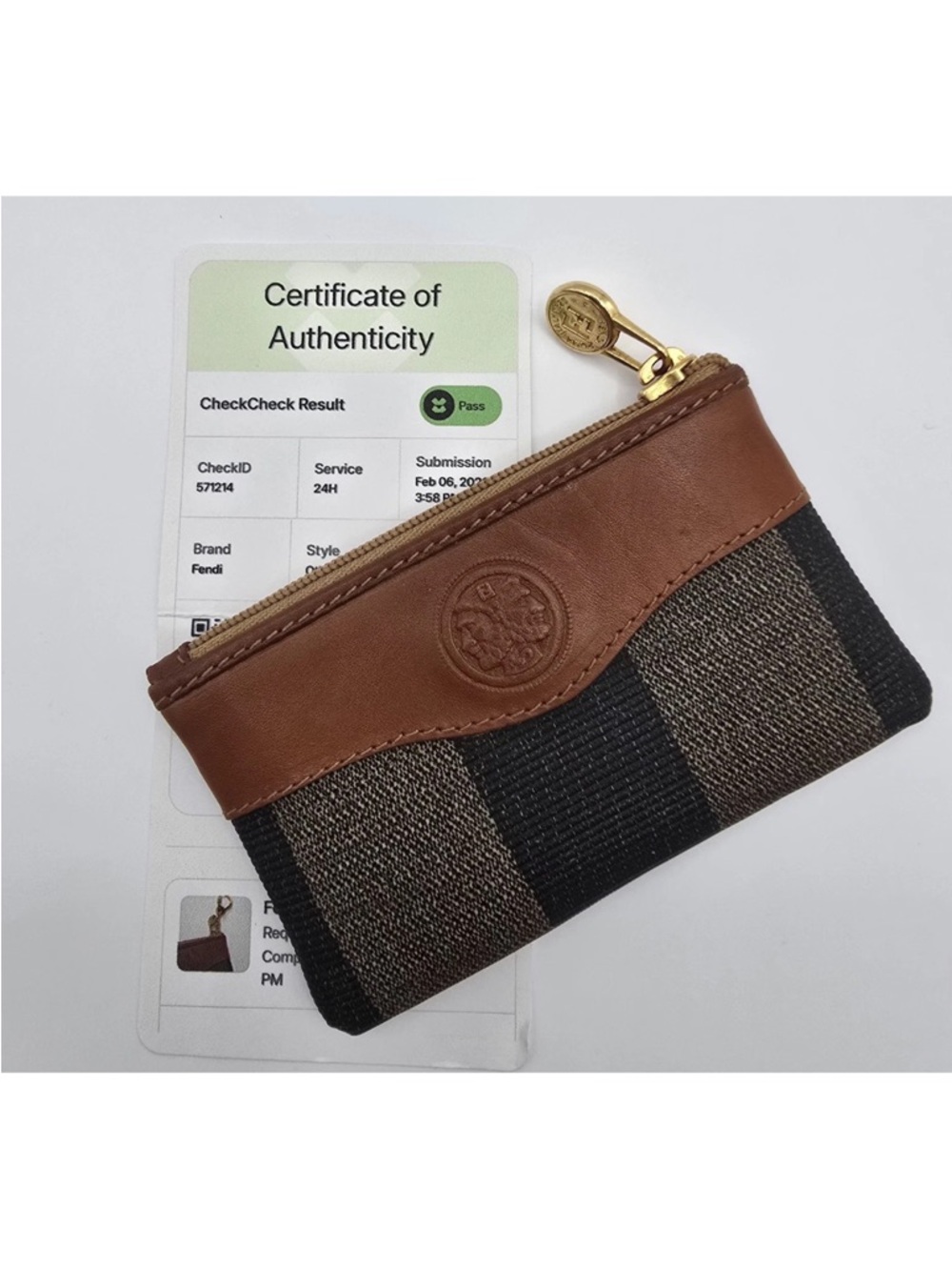 Fendi Pequín Brown Leather Trim Striped Canvas Coin Keys Pouch w/ Gold Hardware